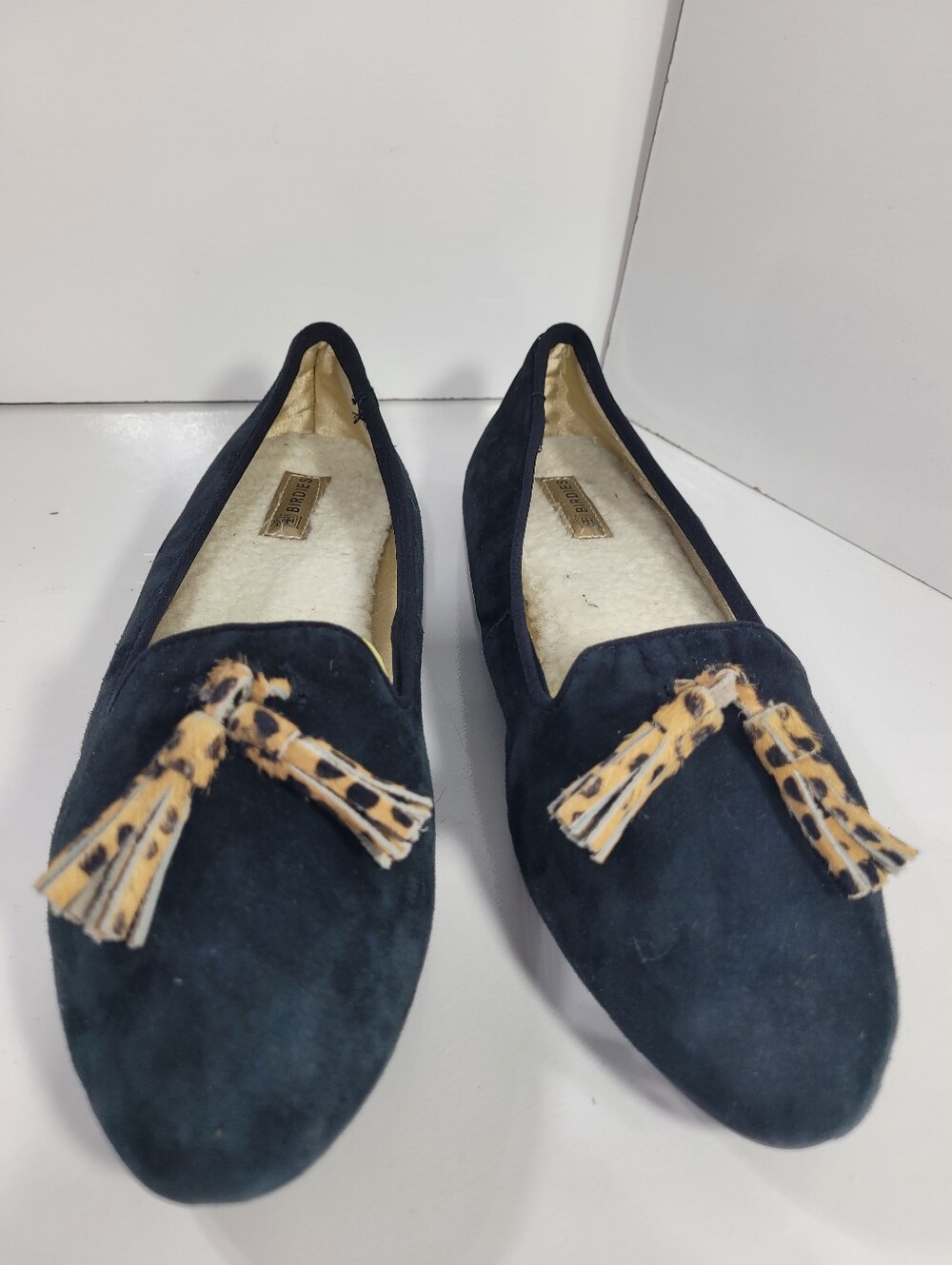Birdies The Blackbird Black Suede Loafers Cheetah Tassel Flats Slippers Size 8